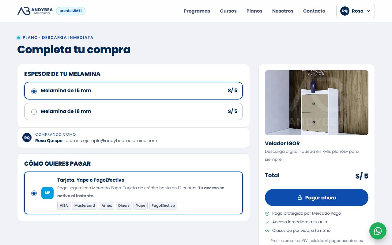 Pantalla de compra de un plano