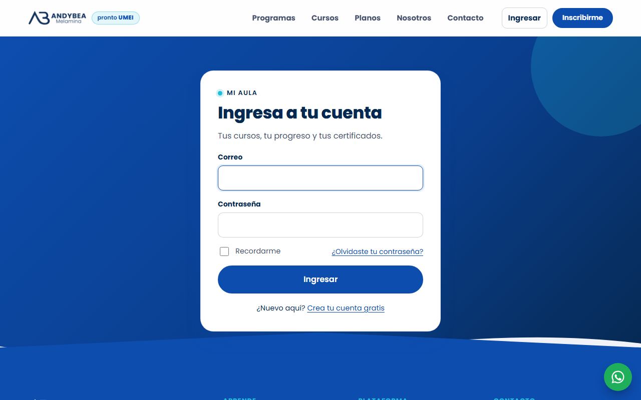 Pantalla para ingresar a la cuenta
