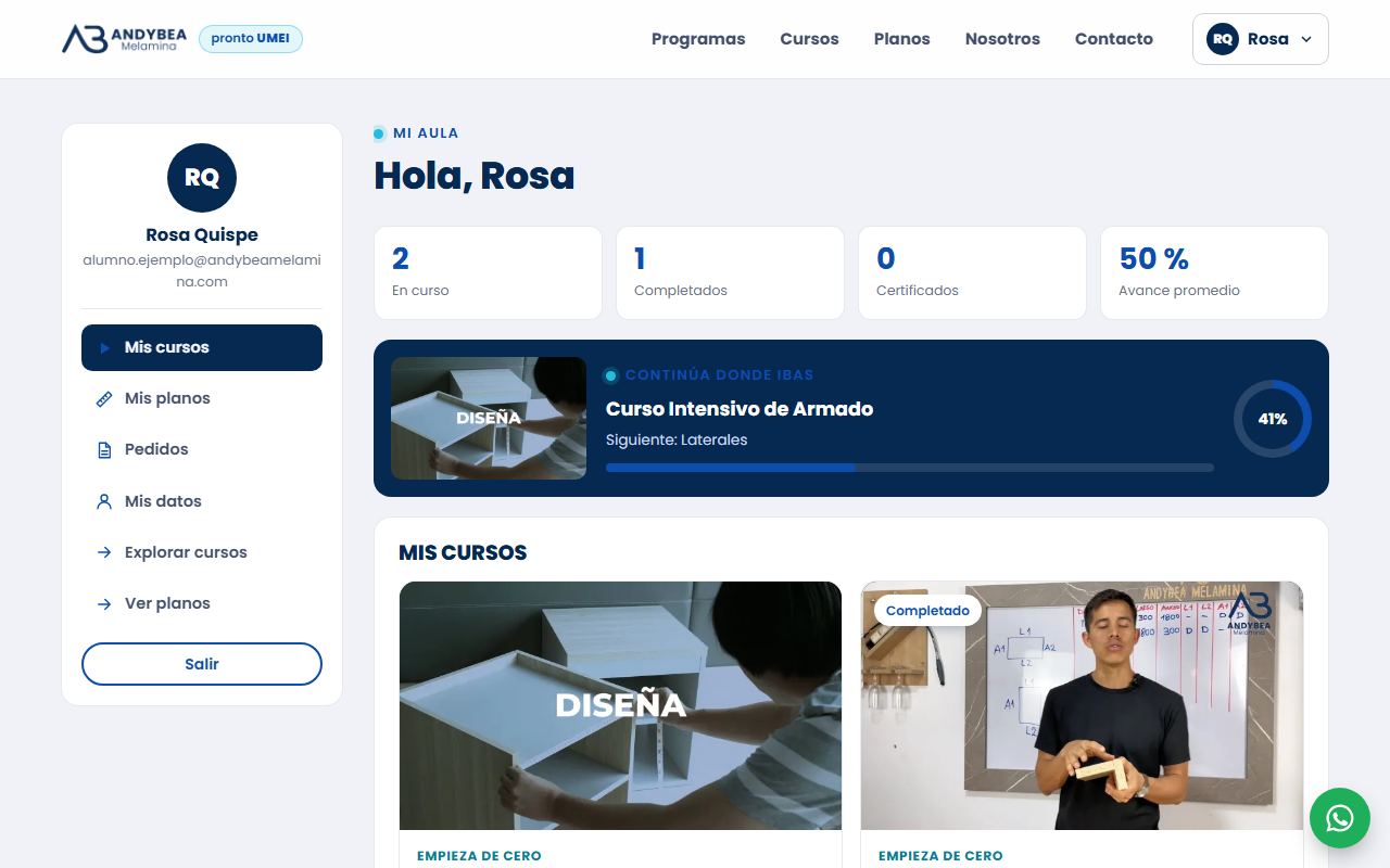 Mi aula con los cursos y el avance